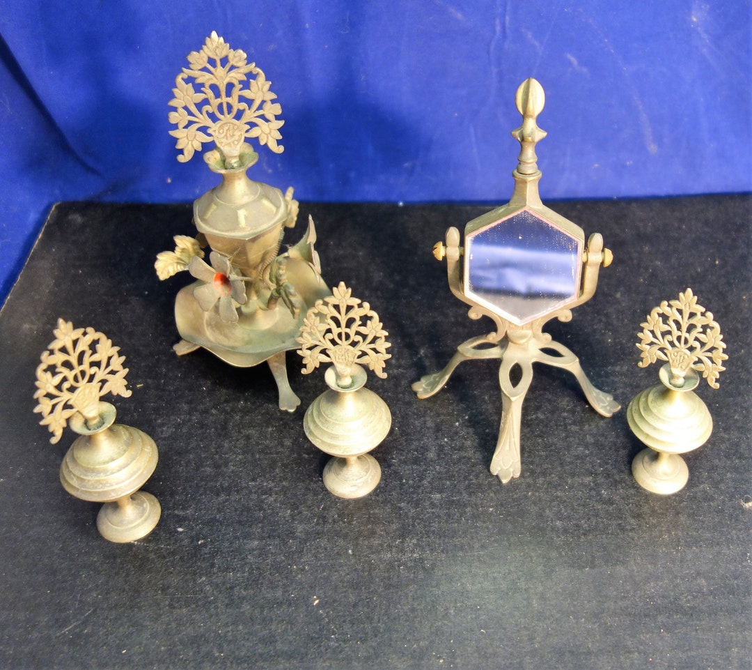 VINTAGE Kohl Brass 5 Piece Eyeliner Container Vanity Set Mirror/taj