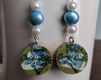 Recycled wine cork earrings antique green and blue with faux pearl beads. Hand painted one of a kind **Free 1st Class Shipping US only**