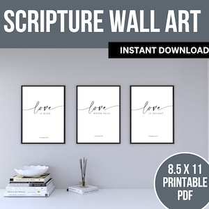 Bijbeltekst kunst aan de muur, liefde is geduldig, liefde is vriendelijk, kunst voor christelijke decor afdrukbare pdf digitale download