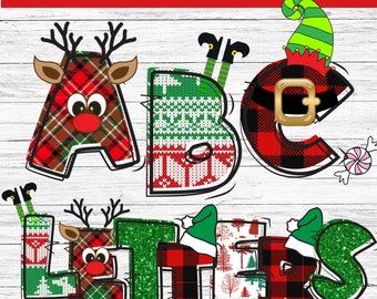 Christmas Doodle letters, Santa Sublimation Font, Xmas Doodle Alpha Bundle, Reindeer Elf Santa Claus Alphabet Doodle Set PNG