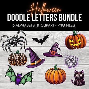 May include: A set of Halloween-themed doodle letters and clipart. The set includes a spider, a bat, a witch's hat, a pumpkin, a spiderweb, a cat, and a bat with wings spread. The clipart is in PNG format.
