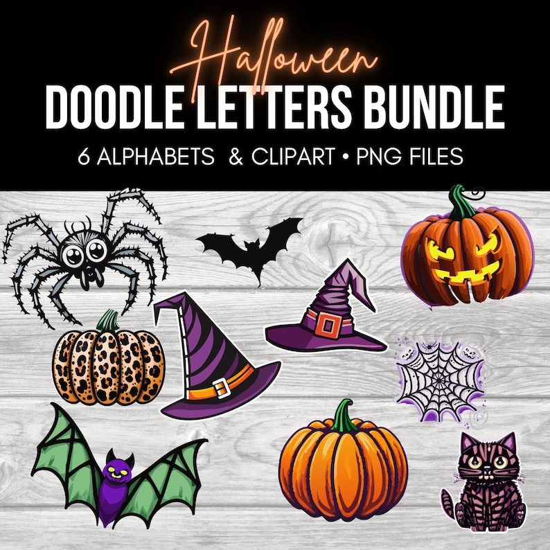 May include: A set of Halloween-themed doodle letters and clipart. The set includes a spider, a bat, a witch's hat, a pumpkin, a spiderweb, a cat, and a bat with wings spread. The clipart is in PNG format.