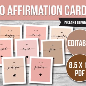 May include: Sixty printable affirmation cards in pink and brown tones with black text. The cards feature positive affirmations such as "I am happy", "I am loved", and "I am free". The cards are 8.5 x 11 inches and are available for instant download.