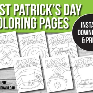 Pode incluir: Seis p&aacute;ginas para colorir em preto e branco com temas do Dia de S&atilde;o Patr&iacute;cio. As p&aacute;ginas incluem um trevo, um pote de ouro, um chap&eacute;u de duende e o texto "Feliz Dia de S&atilde;o Patr&iacute;cio".