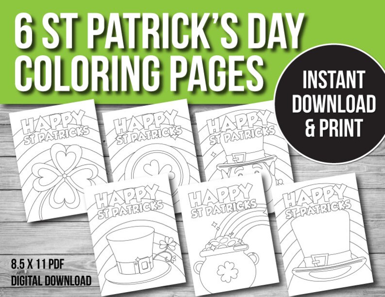 Pode incluir: Seis p&aacute;ginas para colorir em preto e branco com temas do Dia de S&atilde;o Patr&iacute;cio. As p&aacute;ginas incluem um trevo, um pote de ouro, um chap&eacute;u de duende e o texto "Feliz Dia de S&atilde;o Patr&iacute;cio".