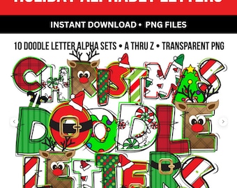 Christmas Doodle Letters Alphabet, Elf Santa Claus Snowman, Christmas Clipart PNG Letters, Christmas Font