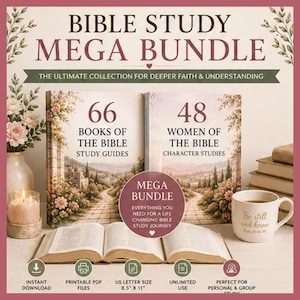 May include: A Bible Study Mega Bundle with the text "Bible Study Mega Bundle" and "The Ultimate Collection for Deeper Faith & Understanding". The bundle includes 66 Books of the Bible Study Guides and 48 Women of the Bible Character Studies. Also includes a coffee mug with the text "Be still and know".