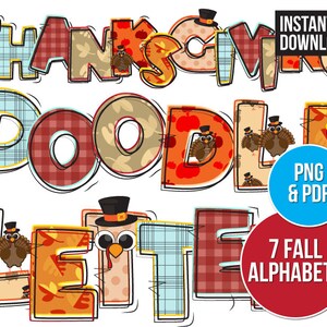 K&ouml;nnte beinhalten: Sieben Thanksgiving-Alphabetbuchstaben mit Patchwork-Design mit Truth&auml;hnen, Karos und Herbstbl&auml;ttern. Die Buchstaben ergeben "THANKSGIVING DOODLE LETTERS".