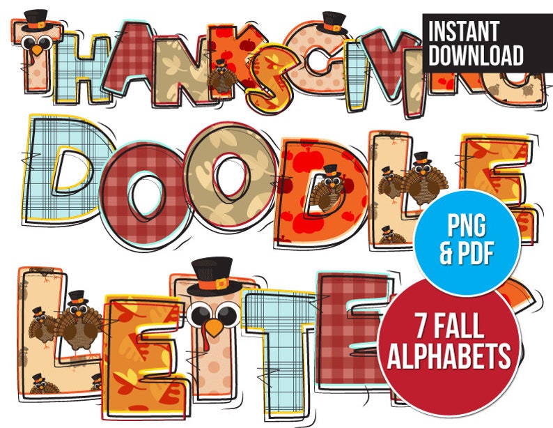 K&ouml;nnte beinhalten: Sieben Thanksgiving-Alphabetbuchstaben mit Patchwork-Design mit Truth&auml;hnen, Karos und Herbstbl&auml;ttern. Die Buchstaben ergeben "THANKSGIVING DOODLE LETTERS".