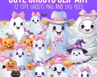 Cute Ghosts Halloween Clip Art Bundle, Pink Bows (SVG, PNG)