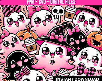 Pacote de clipart de Halloween de fantasma rosa: downloads de arte digital em PNG e SVG da temporada assustadora