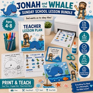 May include: A Sunday School lesson bundle featuring the story of Jonah and the Whale. Includes a teacher lesson plan, coloring pages, and craft supplies. The bundle is designed for children ages 4-8 and includes the text "God wants us to obey Him!"
