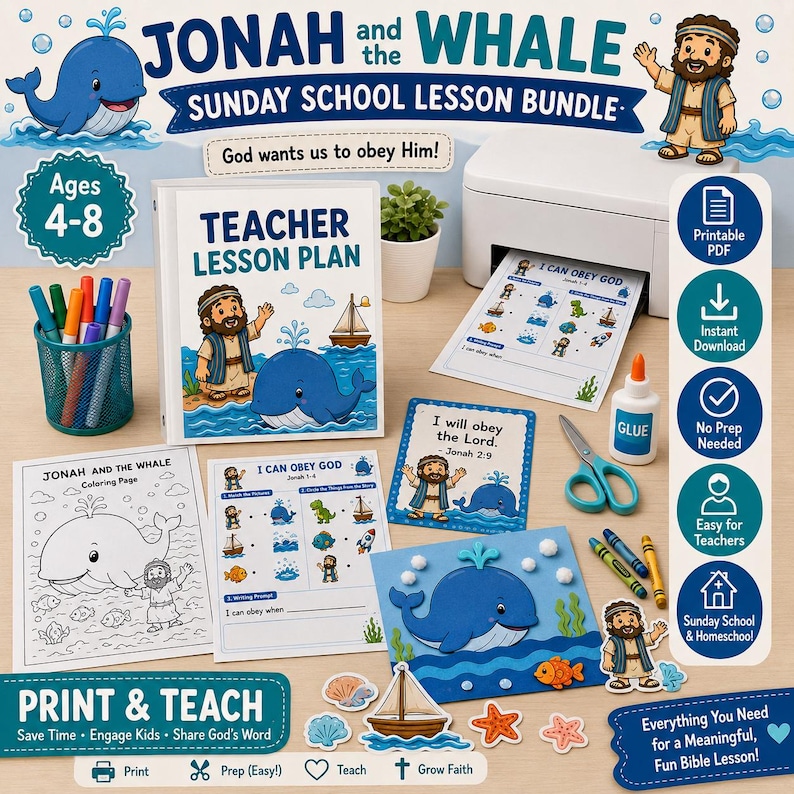 May include: A Sunday School lesson bundle featuring the story of Jonah and the Whale. Includes a teacher lesson plan, coloring pages, and craft supplies. The bundle is designed for children ages 4-8 and includes the text "God wants us to obey Him!"