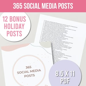 Può includere: Un documento PDF stampabile rosa e bianco con il testo "365 post sui social media" e "12 post bonus per le festività" in un grande carattere grassetto. Il documento include un elenco di idee per i post sui social media per ogni giorno dell'anno, comprese le festività.