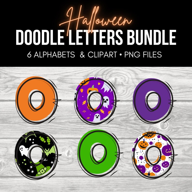 May include: Six Halloween-themed alphabet letters in the shape of a donut. The letters are decorated with various Halloween patterns, including pumpkins, ghosts, and bats. The letters are outlined in black and have a white background.