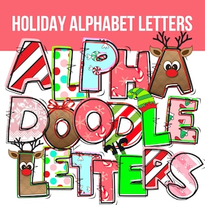 Alphabet doodle de Noël : lettres clipart des fêtes (PNG, PDF)