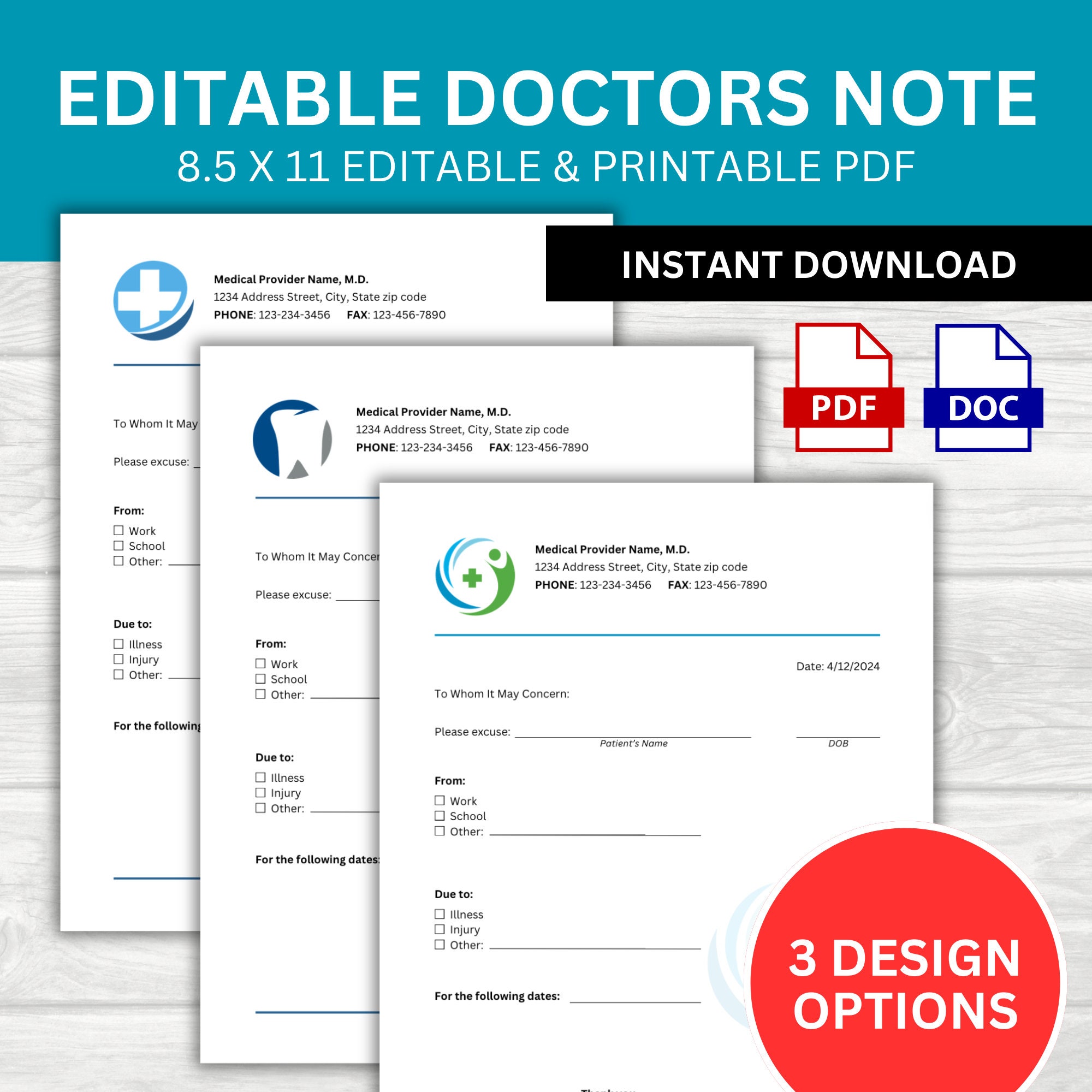 Editable Doctor's Note Template: Medical Excuse Form (PDF, DOC) - Etsy