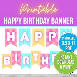 Happy Birthday Banner Printable PDF, Instant Birthday Banner, Rainbow Banner, Instant Download