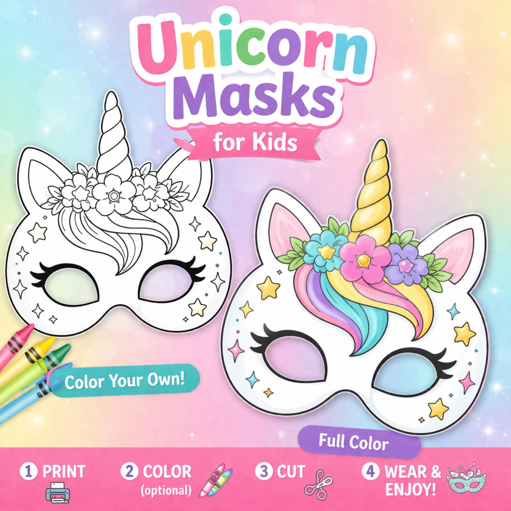 Unicorn Mask Craft for Kids Printable PDF, Color Your Own, Full…