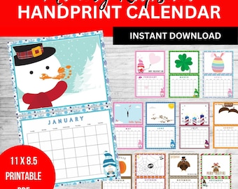 May include: Printable 11 x 8.5 inch calendar with monthly handprint designs. Each month features a different illustration, such as a snowman, a shamrock, a bunny, a gnome, a spider, an owl, and a reindeer. The calendar is perfect for tracking a child's growth and milestones.