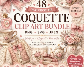 Coquette Clipart Bundle PNG SVG JPEG, Pink Bow Clipart, Vintage Floral Clipart, Romantic Aesthetic Graphics, Commercial Use