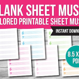 Blank Sheet Music Template, Kids Printable Sheet Music, Blank Sheet Music for Kids, Colored Sheet Music Printable