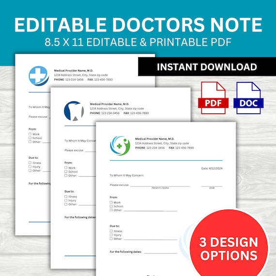 Editable Doctor's Note Template: Medical Excuse Form (PDF, DOC