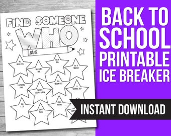 May include: Black and white printable "Find Someone Who" icebreaker game for back to school. The game features a pencil and 12 stars with prompts for students to find classmates who fit the descriptions.