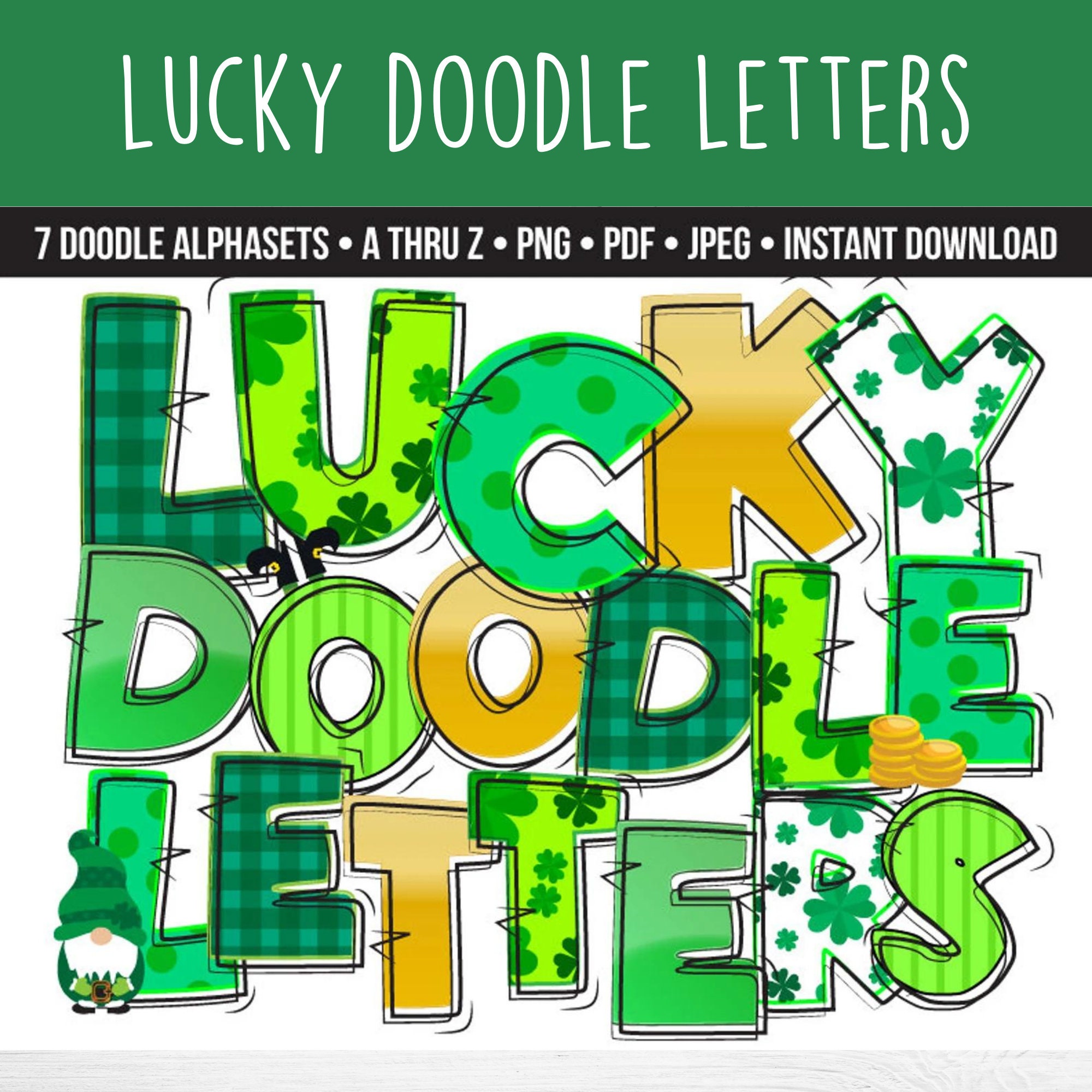 St. Patrick's Day Doodle Letters Alphabet: PNG Font Pack (Digital Download)