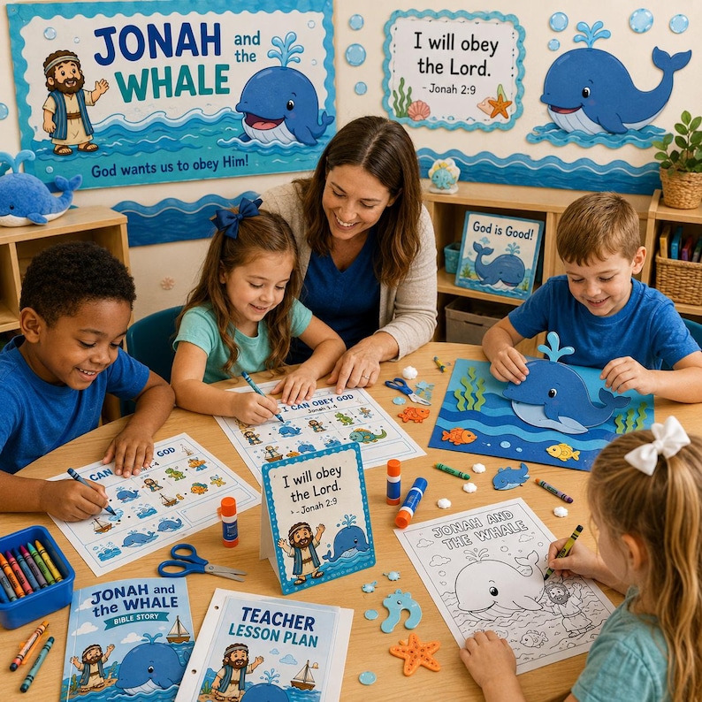 May include: A group of children and an adult are gathered around a table, engaged in a craft activity. The theme is "Jonah and the Whale," with related artwork and coloring pages. The scene includes educational materials and craft supplies.