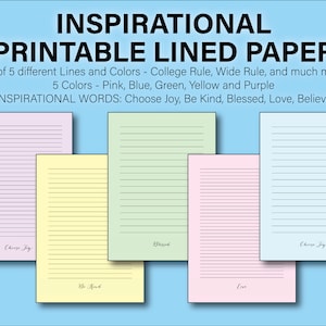 Printable Lined Paper Bundle, Wide Rule College Rule Paper, Colored Lined Inspirational Paper PDF