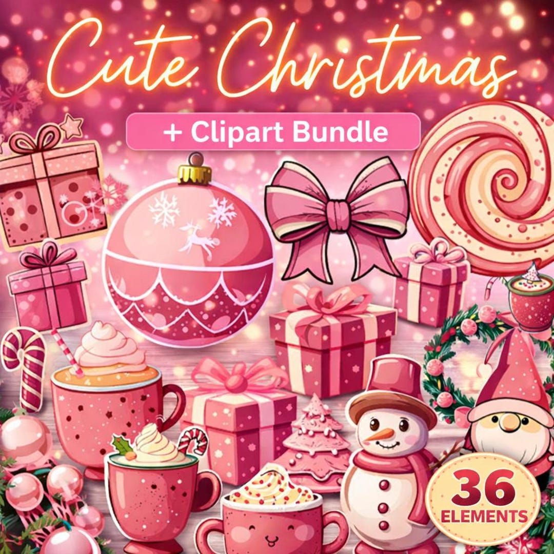 Pink Christmas Clipart Bundle, Retro Holiday Graphics (PNG, SVG, Jpeg ...