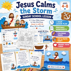 Puede incluir: Un colorido plan de lección de escuela dominical titulado "Jesús calma la tormenta" para niños de 4 a 8 años. La imagen incluye hojas de trabajo, páginas para colorear y actividades de manualidades. El texto incluye versículos bíblicos.