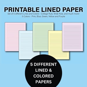 Printable Lined Paper Bundle PDF, Wide Rule College Rule Paper, Lined Paper, Colored Lined Paper