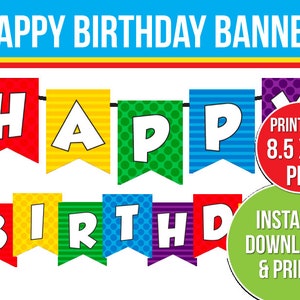Happy Birthday Banner, Printable Birthday Banner, Instant Birthday Banner, Rainbow Banner, Instant Download