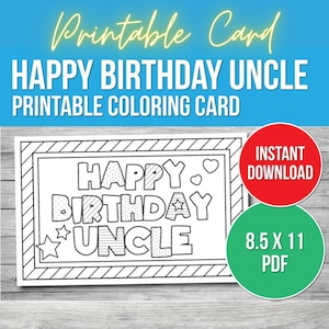 Birthday Coloring Card for Uncle, Printable Birthday Card for Kids, Digital Download, Kids Coloring Card