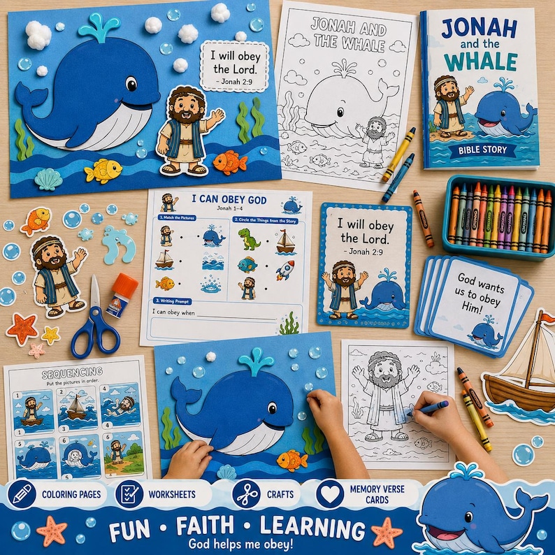 May include: A collection of educational materials featuring the story of Jonah and the Whale. Includes coloring pages, worksheets, crafts, and memory verse cards. The theme is "Fun, Faith, Learning." The color palette includes blue, orange, and white.