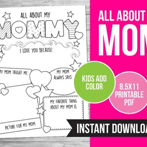 Mothers Day Card Printable, All About My Mom Printable, Coloring Craft Activity, DIY Mother's Day Gift, Mothers Day Card, Gift for Mom