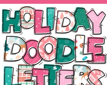 Christmas Doodle Letters PNG, Doodle Font, Christmas Clipart Alpha Bundle, Christmas Alphabet DTF PNG