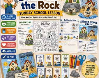 May include: A colorful Sunday school lesson plan titled "Build on the Rock" with illustrations of houses, a sun, and rain. Includes printable worksheets, coloring pages, cut & paste crafts, and memory verse cards. Ages 4-8. The text "I can build on God" is also visible.