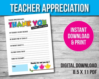 Teacher Thank You, Teacher Appreciation Week, Teacher Gift, Printable PDF, Preschool, Craft for Kids