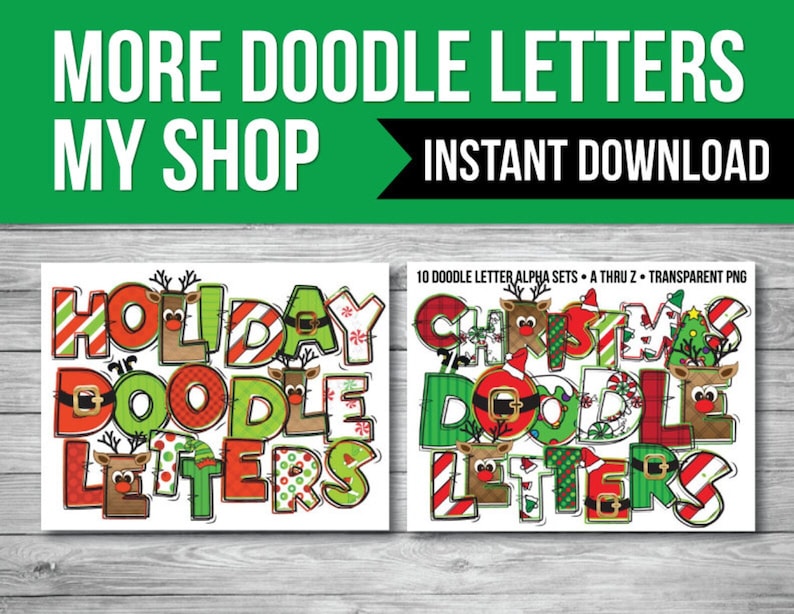 K&ouml;nnte beinhalten: Zwei digitale Cliparts der W&ouml;rter "Holiday Doodle Letters" und "Christmas Doodle Letters" in Rot, Gr&uuml;n und Wei&szlig; mit einem Rentier- und Weihnachtsbaumdesign. Der Text befindet sich auf einem wei&szlig;en Hintergrund.