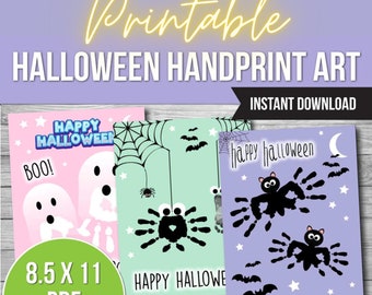May include: Three printable Halloween handprint art designs. The first design is pink with a ghost and the text "Happy Halloween" and "Boo!" The second design is green with a spider and the text "Happy Hallowee". The third design is purple with two black cats and the text "Happy Halloween".