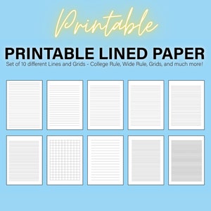 Paquete de papel rayado imprimible en formato PDF, papel de regla universitaria de regla ancha, papel rayado, descarga imprimible
