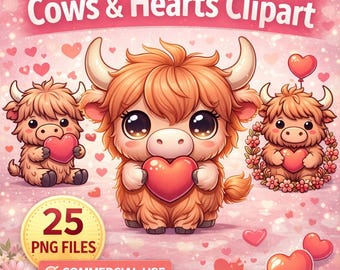 Pacchetto di clipart di mucche delle Highlands kawaii: PNG SVG per San Valentino