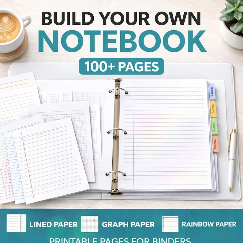 Printable Notebook Pages Bundle, Lined, Graph, Rainbow Paper (100 ...
