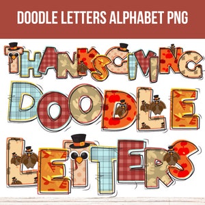 K&ouml;nnte beinhalten: Thanksgiving Doodle Letters Alphabet im Patchwork-Stil mit einem Truthahn-Design. Die Buchstaben sind in Orange, Rot, Braun und Blau.