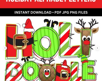 Christmas Doodle Letters Bundle, 5 handgezeichnete Alphabet-Sets (PNG PDF)