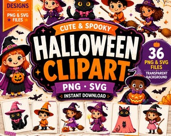 Halloween Clipart Bundle PNG SVG, Cute Witch Clipart, Black Cat Clipart, Kawaii Halloween Graphics, Instant Download Commercial Use