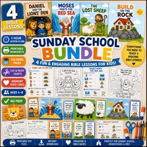 May include: A Sunday School bundle with four Bible lessons for kids, featuring colorful illustrations of Bible stories. Includes printable worksheets, coloring pages, cut & paste crafts, and memory verse cards. Ages 4-8. No prep needed.